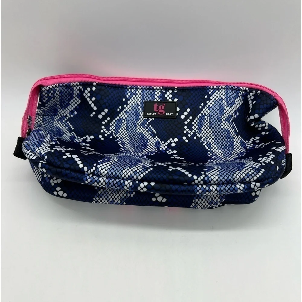 TAYLOR GRAY SARAH LARGE CARRYALL COSMETICS BAG BLUE SNAKESKIN PATTERN NWT